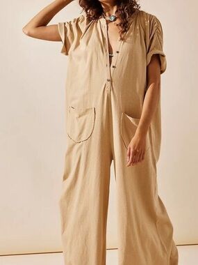 Free People Beige Relaxed Wide-Leg Jumpsuit